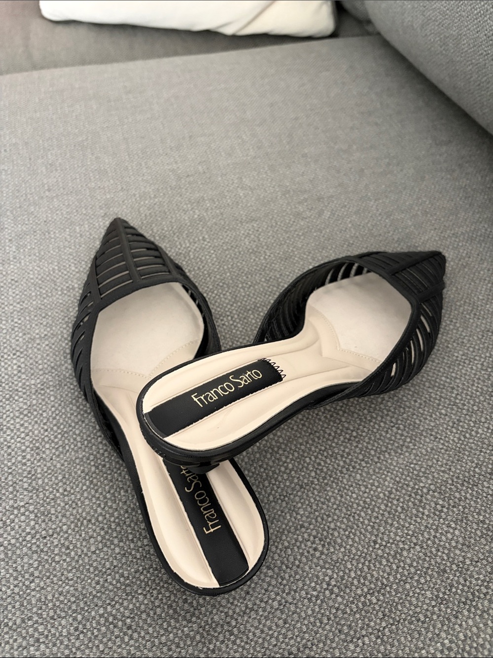 Franco Sarto Black Laser-Cut Pointed Slide Mules